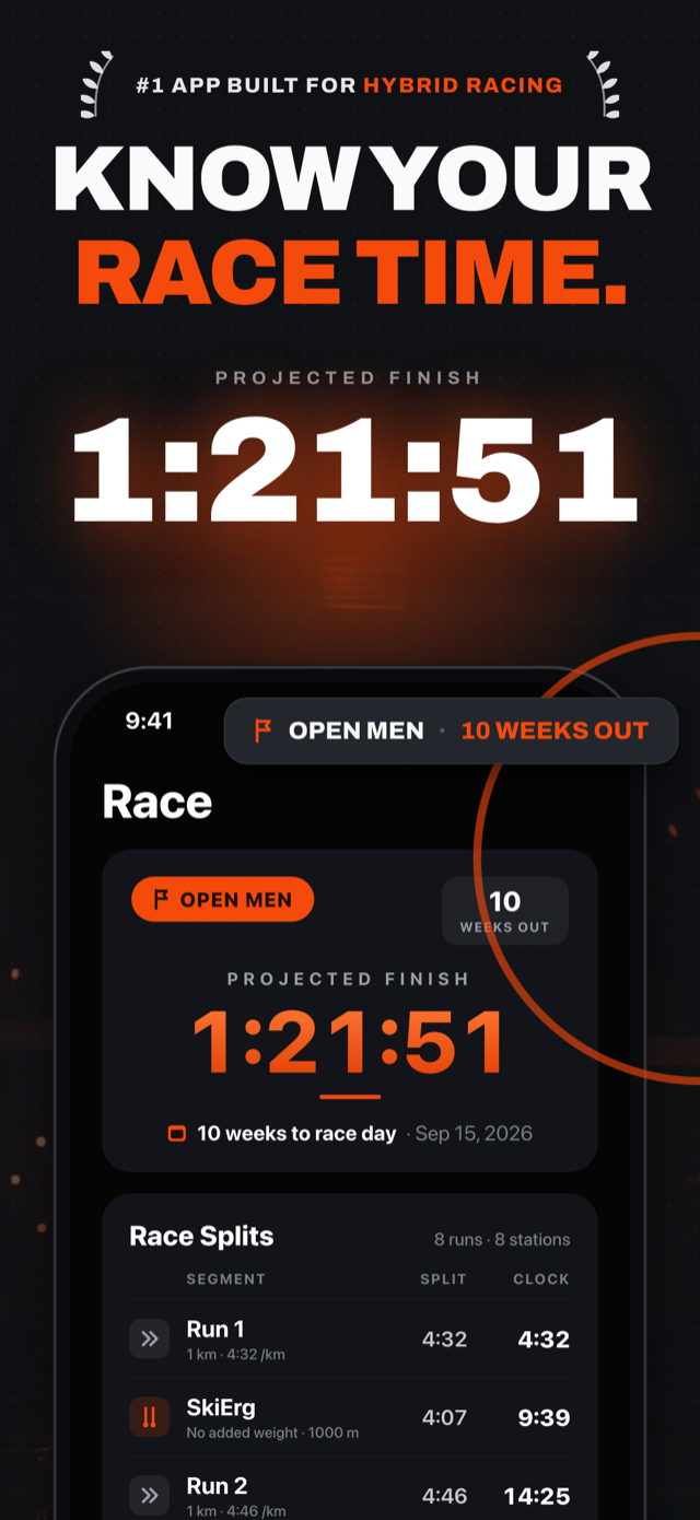 Roxlete race predictor showing a projected finish of 1:21:51 with run and station splits
